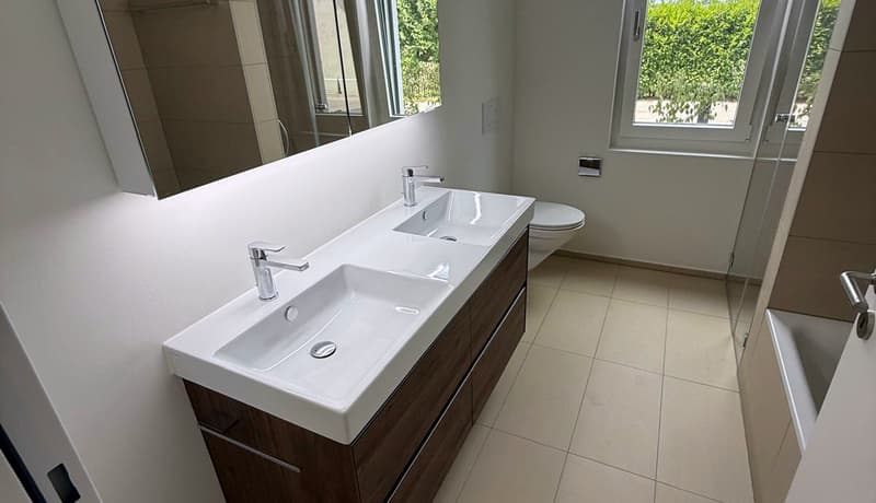 Doppelwaschbecken, Dusche und Bad