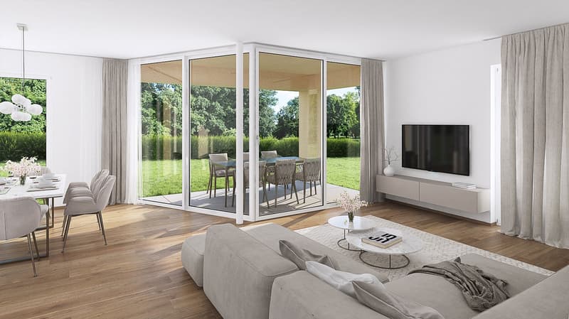 wooden floor, large windows, white walls, balcony, table, chairs, sofa, coffee tables, television