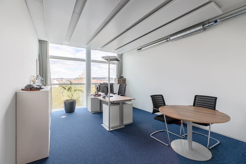 Spacious office with large windows providing a view, white walls, blue carpeted floor, desks with computers, and a round meeting table with chairs