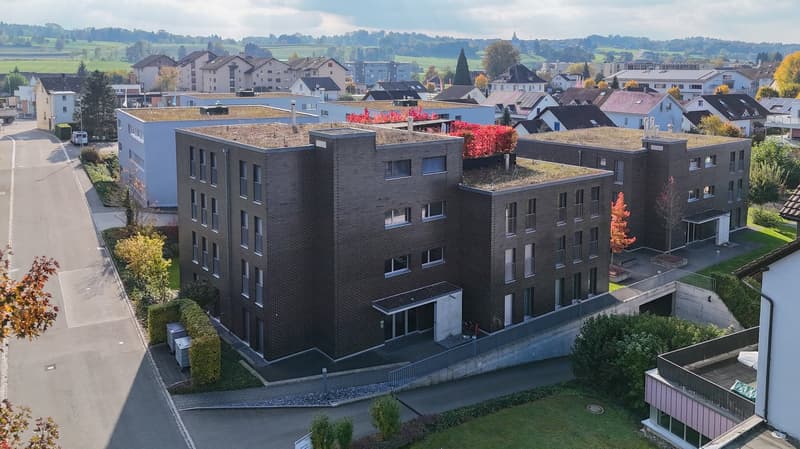 apartment building with 4 floors, brick walls, windows, green grass on the roof, front entrance, small garden, pathway