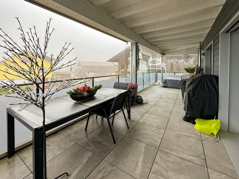 balcony with large windows, dining table with chairs, decorative tree, plants