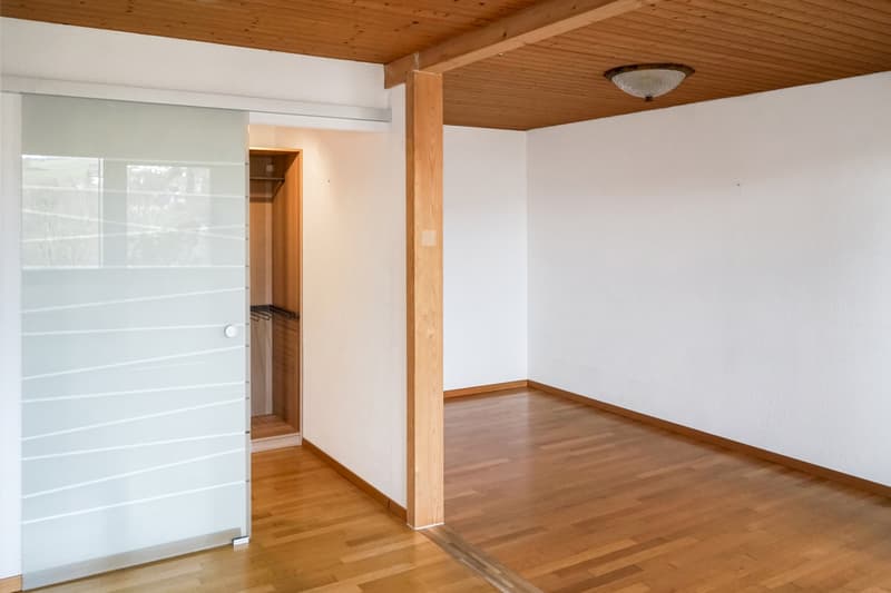 Wooden floor, white walls, sliding door, closet