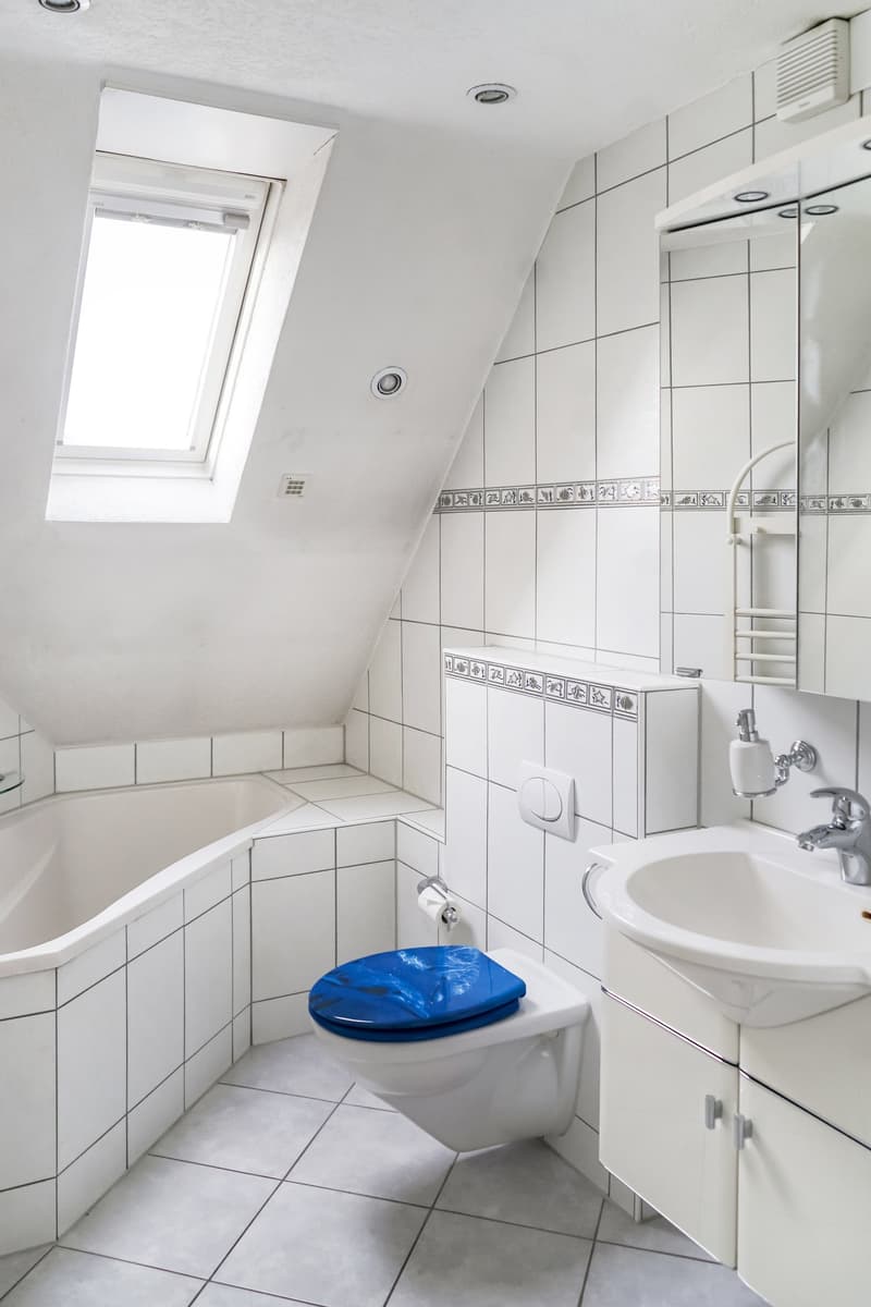 modern white bathroom, bathtub, sink, toilet, mirror, skylight