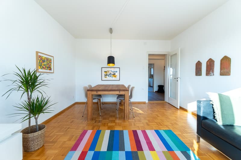 dining room, wooden dining table, 4 chairs, couch, rug, lamp, artwork, plant