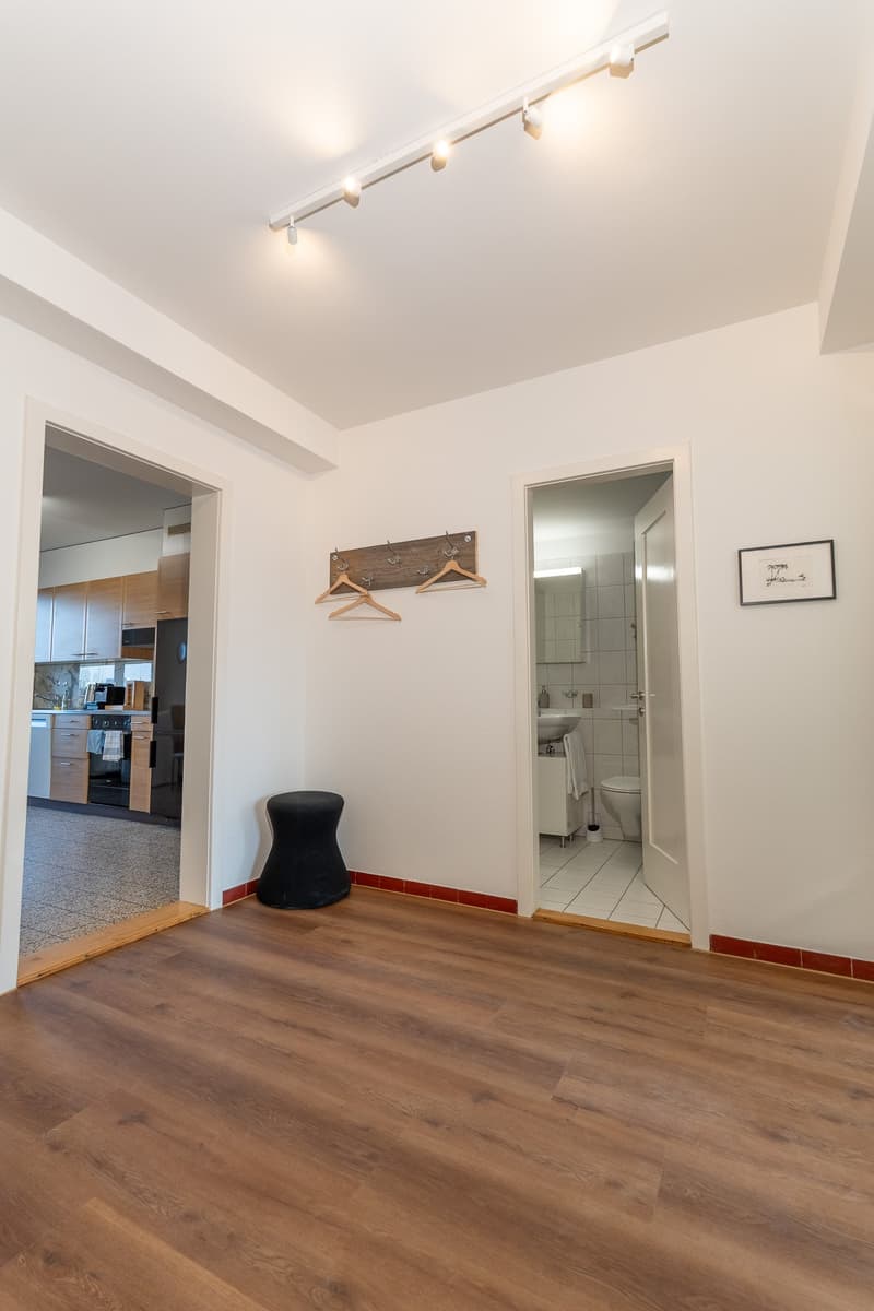Wooden floors, white walls, open kitchen, bathroom, track lighting, hanging coat hangers, wooden coat rack