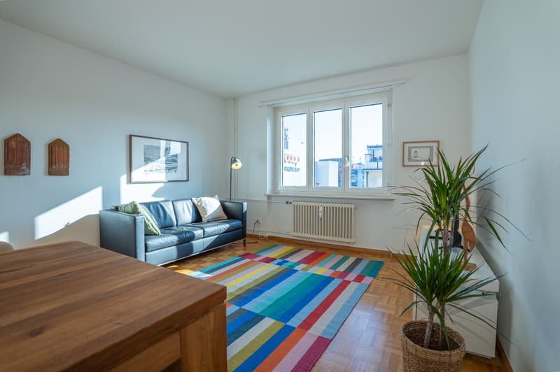 living room with couch, wooden table, decorative rug, white walls, floor radiator, white ceiling, plants, pictures on wall