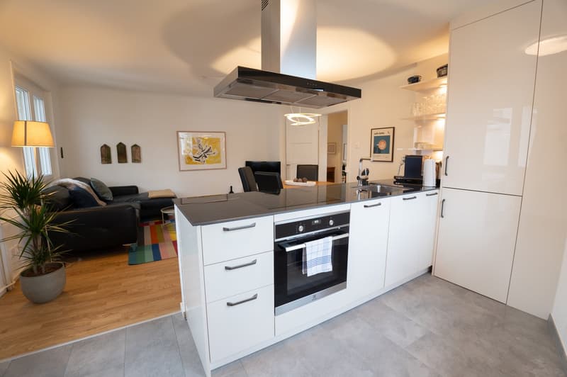 Modern kitchen with white cabinets, gray countertops, built-in oven and dishwasher, open to living room area with sofa and artwork on the walls