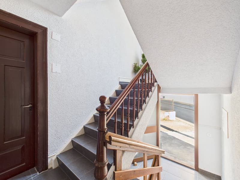 wooden staircase, tiled steps, wooden handrail, brown door, hallway with tiled floor