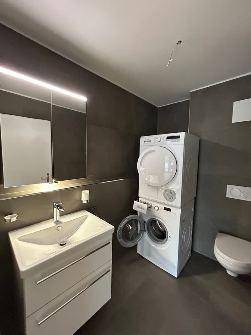 Bathroom: white washing machine, white sink, gray tile walls, white toilet, gray tile flooring