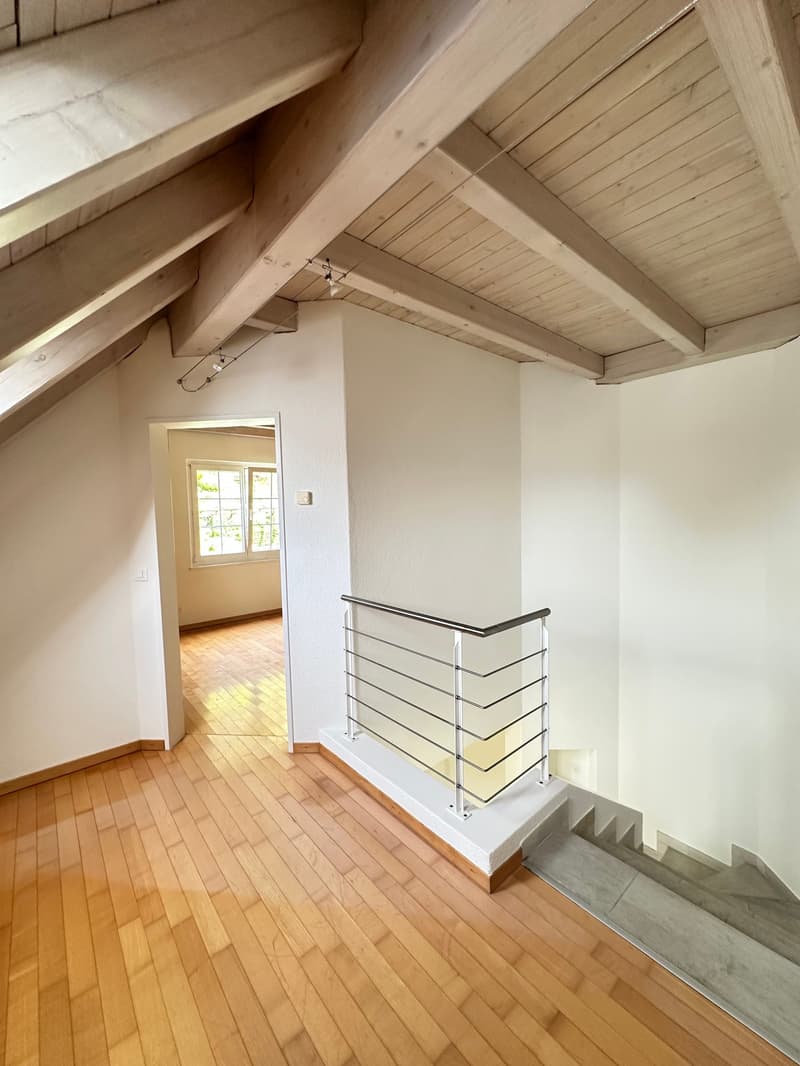 wooden floor, white walls, wooden ceiling, metal handrail, window, door