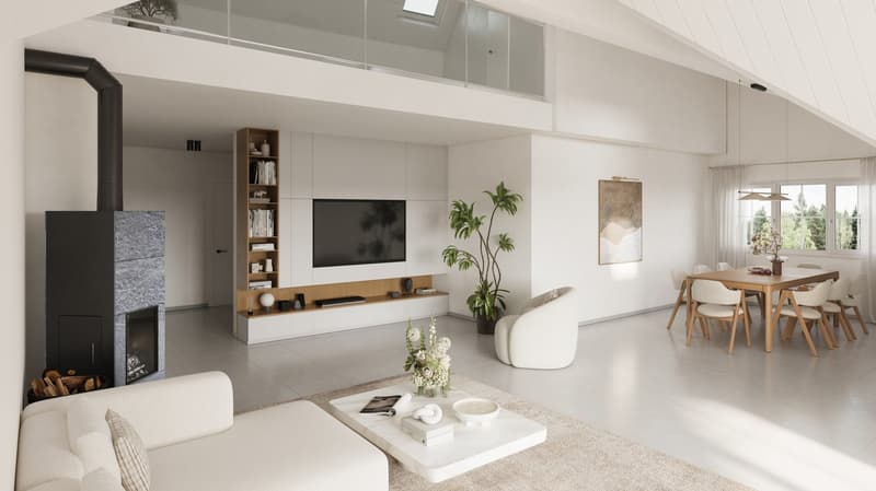 Wohnraum mit Galerie und Zugang zum grossen Balkon - Visualisierung zeigt Einrichtungsmöglichkeit auf