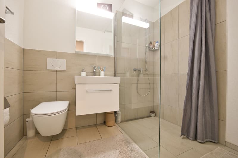 modern bathroom with shower, sink, toilet, tiles, mirror, and towel rack