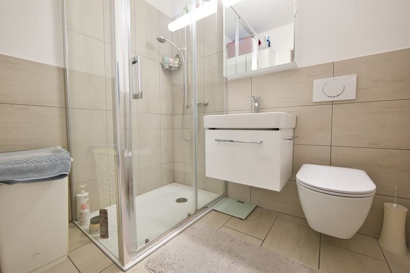 glass walk-in shower, toilet, white vanity with sink, tiled walls, toilet paper holder, mirror