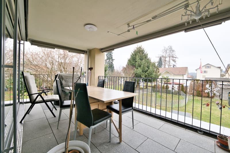 A balcony with a table, chairs, and a potted plant