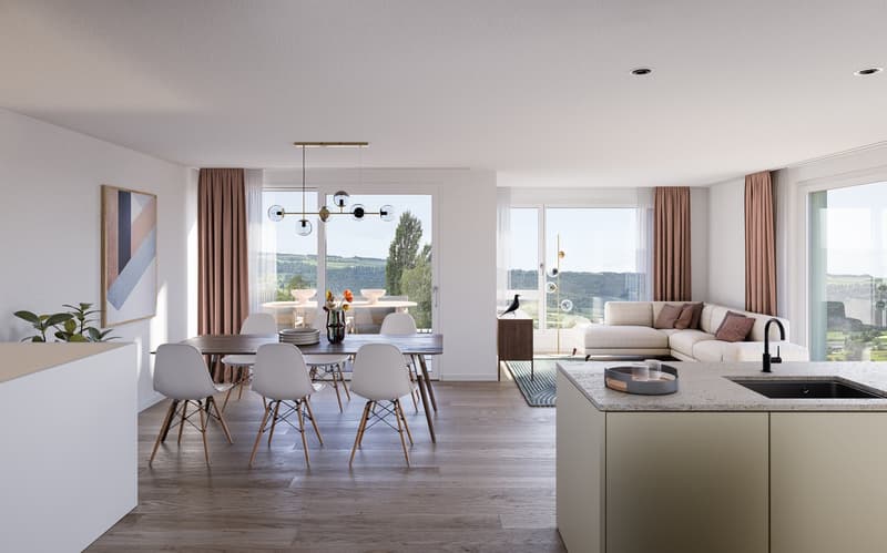 Open plan dining, living and kitchen area. Wooden floor. Large windows offering views of nature. Dining table with chairs, sofa, coffee table, modern kitchen with granite countertop, sink, faucet. Interior design with white walls, and elegant furniture.