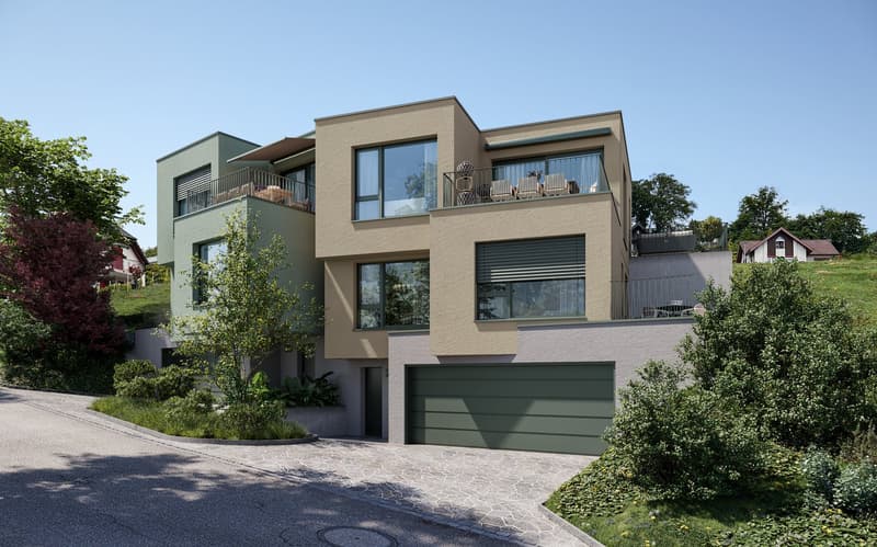 2-storey modern house, beige walls, green garage, 2 balconies, raised ground floor