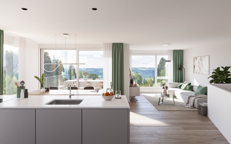 Open kitchen, gray cabinets, white countertops, wooden floor, modern decor, glass windows, balcony