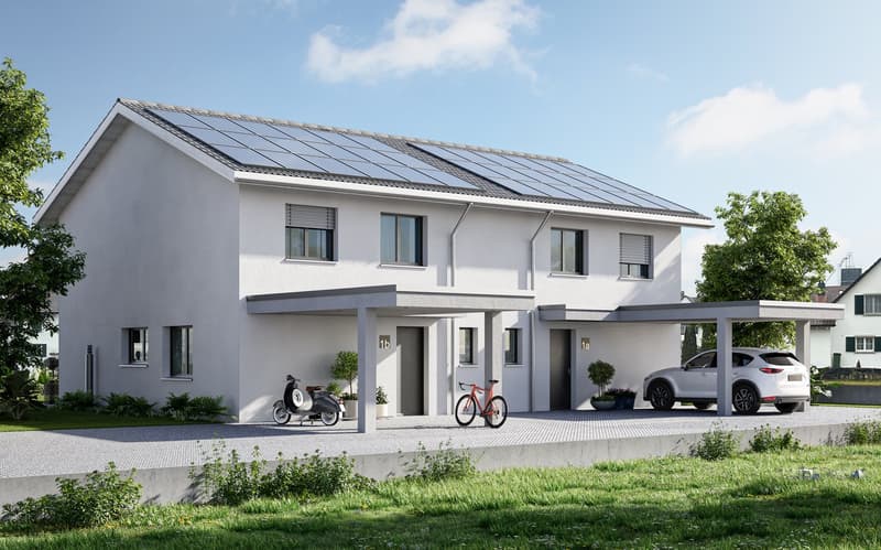 2 story house, white exterior, solar panels, garage, car, bicycles
