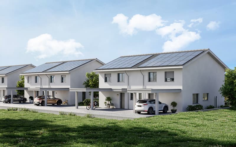 Terraced house, solar panels, multiple garages, 3 storey, car park area