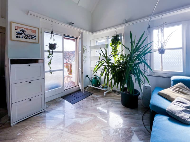 white cabinet, blue sofa, large windows, balcony, plants, tiled floor
