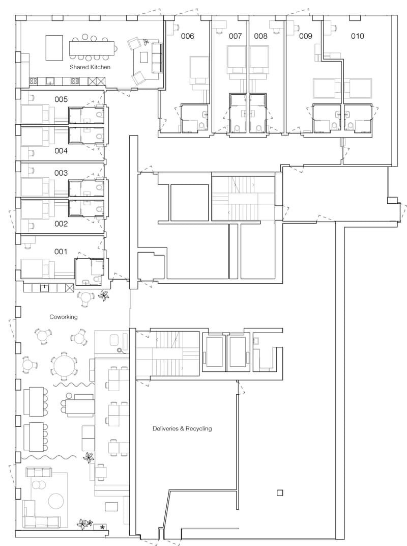 Shared Kitchen, Coworking area, multiple bedrooms and bathrooms, deliveries & recycling area