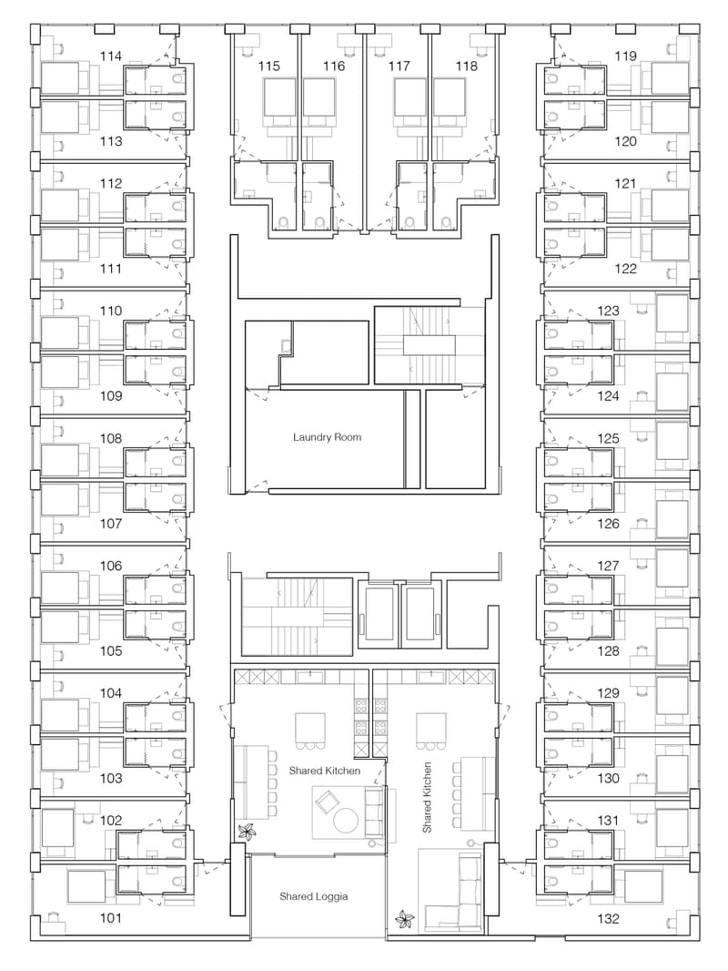 Laundry room, shared kitchen, shared loggia, 132 units