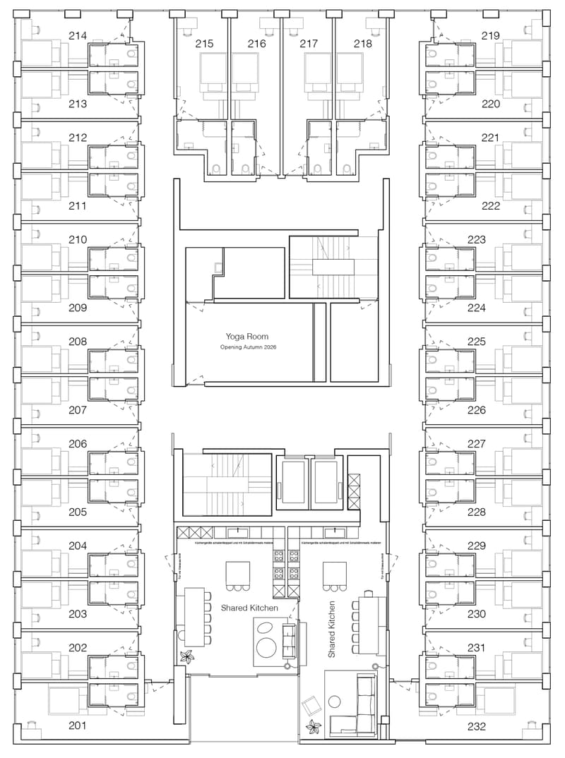 Multi-unit building, each unit has living room, bedroom, bathroom, kitchen, and shared kitchen on lower level