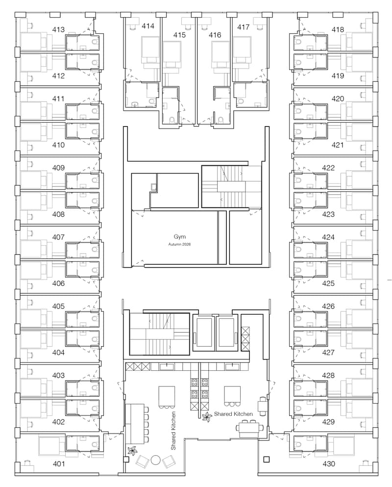 10 apartments, central shared kitchen, gym