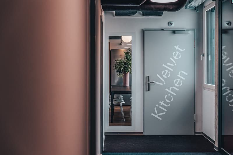 Corridor, closed kitchen door, mirror on the door