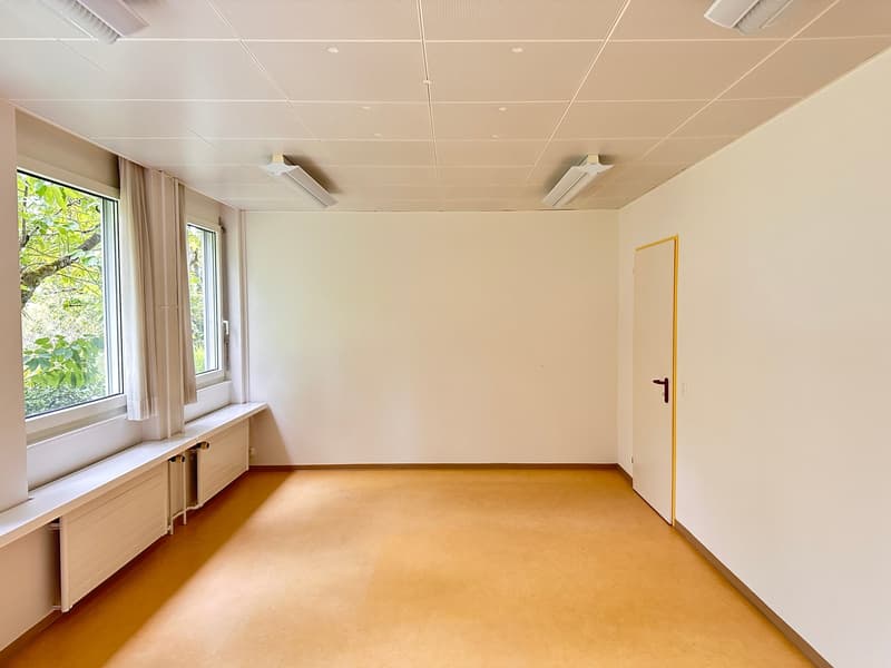 empty room, white walls, wooden floor, ceiling with lights, windows with curtains, door, under-window benches, radiators