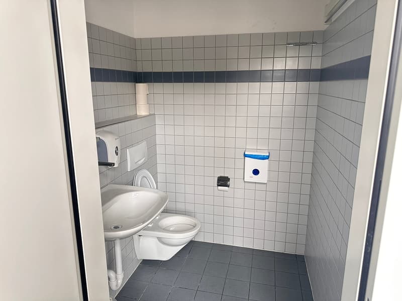 tiled floor, white ceramic sink, white toilet, toilet paper holder, soap dispenser, trash can