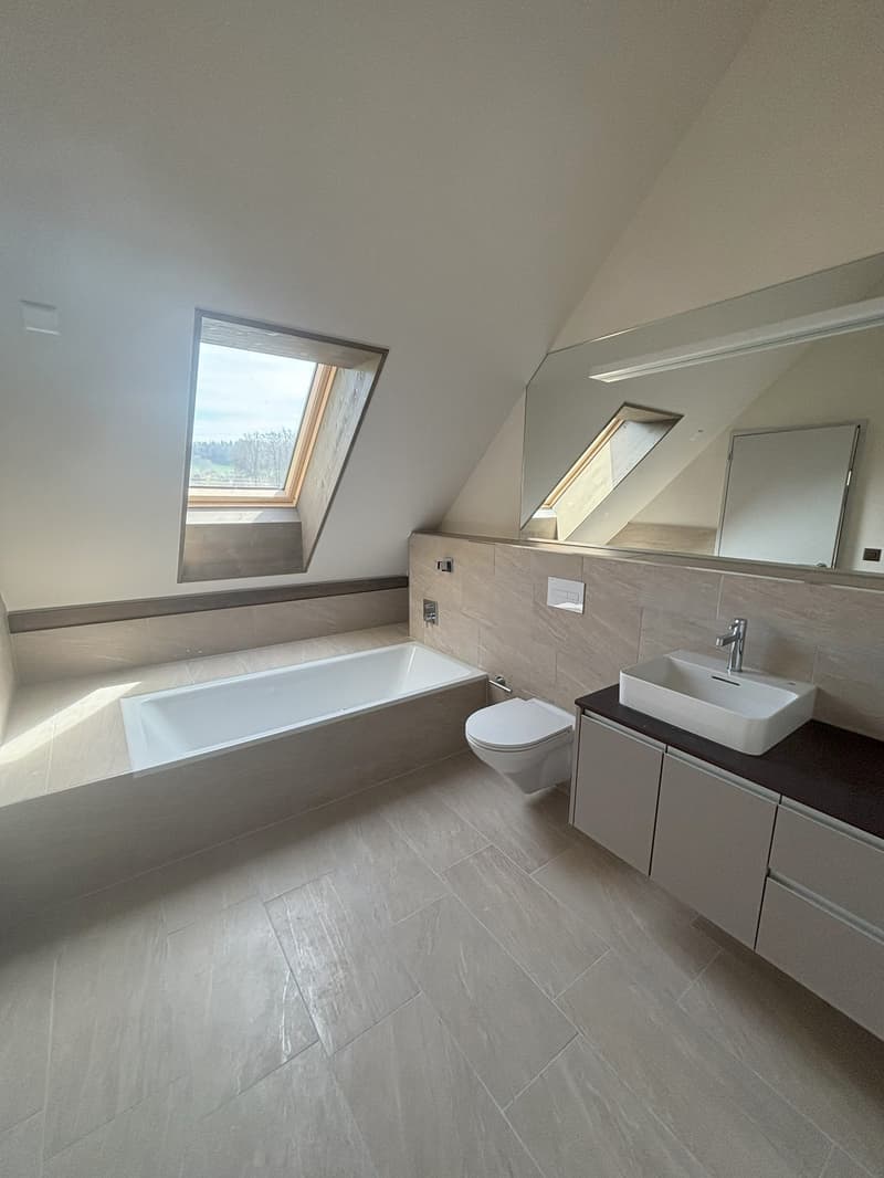 Spacious bathroom with a large bathtub, vanity sink, and toilet. The room has a modern, minimalist design with gray tile flooring and walls. There is a skylight window providing natural light.