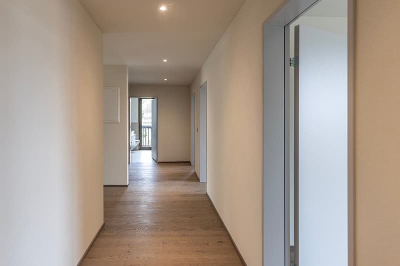 Empty hallway with wooden floor, white walls, and ceiling lights