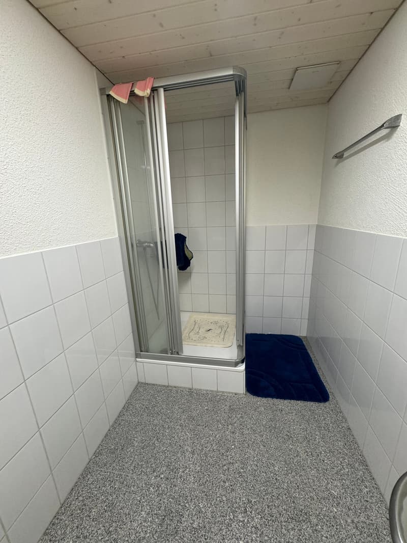 small bathroom with shower, white tiles, blue rug, towel rack