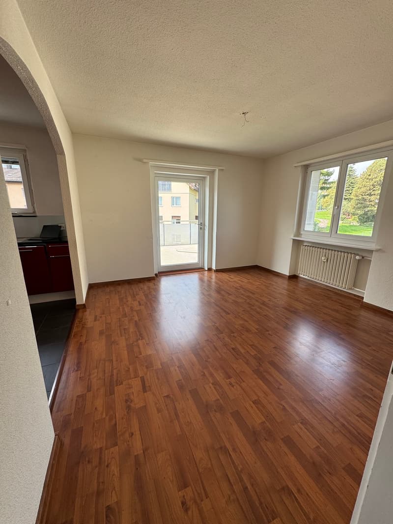 empty room, wooden floor, glass door, windows, radiator, kitchen area