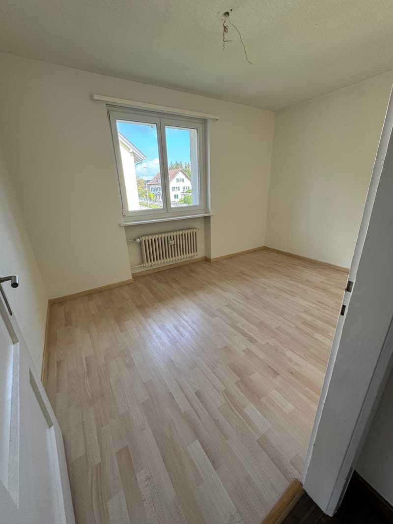 empty room, wooden floor, white walls, window, radiator