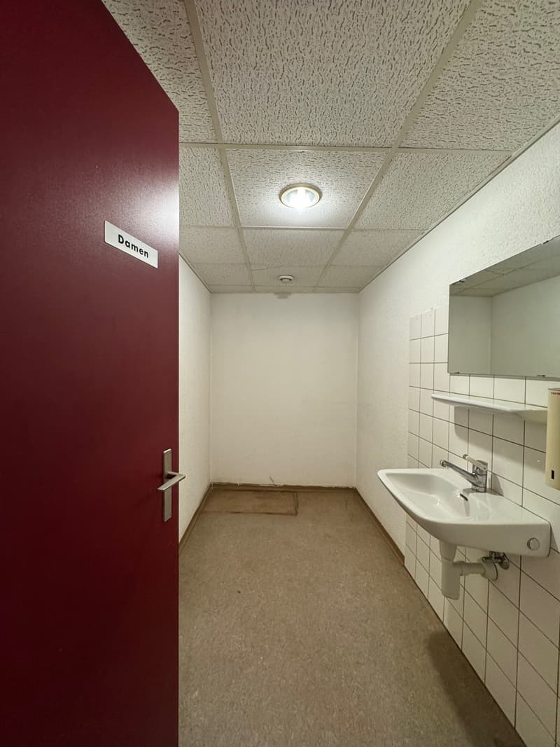 Red door, white sink, mirror, light in ceiling