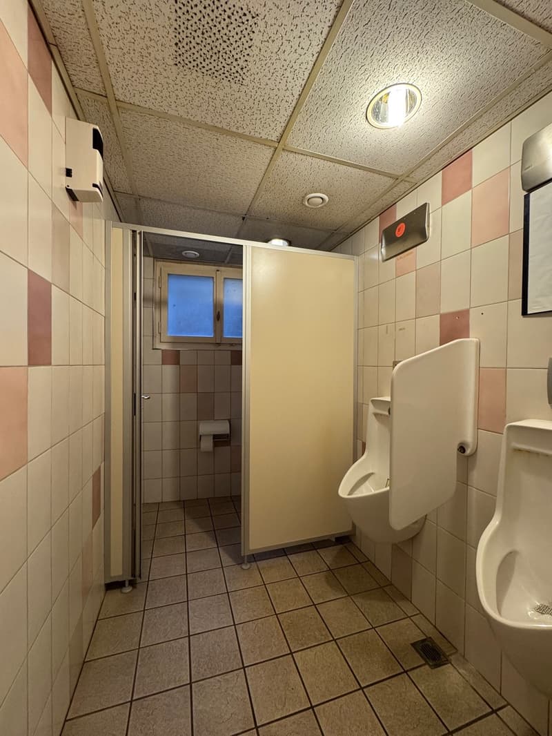 Tiled floor, toilet paper holder, urinal, tiles, a mirror, ventilation system, small window