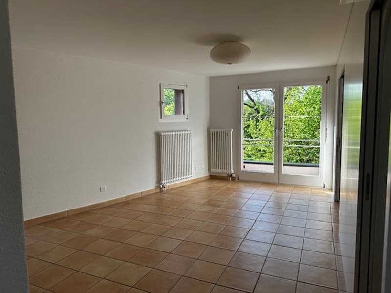 empty room, white walls, brown tiles, large window, balcony