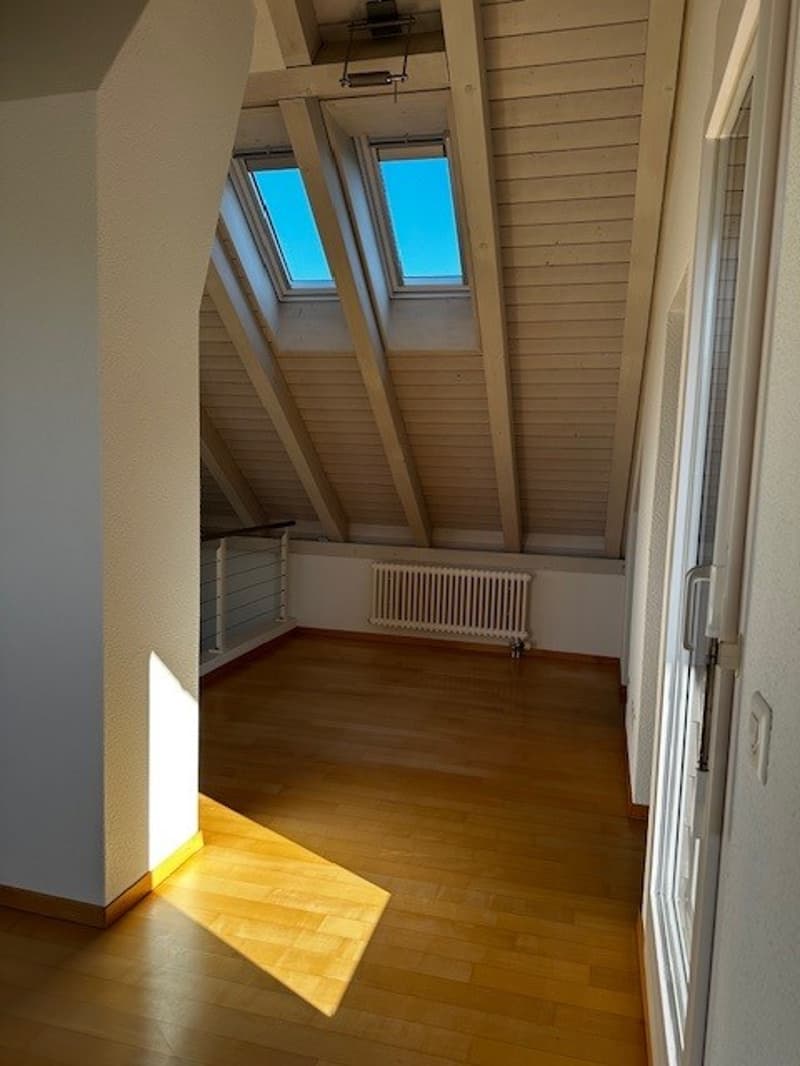 Attic room with wooden floors, white walls, two skylight windows, and a white radiator.