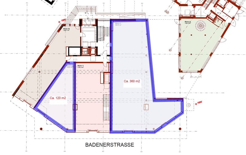 The floor plan shows a building with a main area of approximately 360 sq m and a smaller area of around 120 sq m. The plan includes several rooms, stairs, and a parking space.
