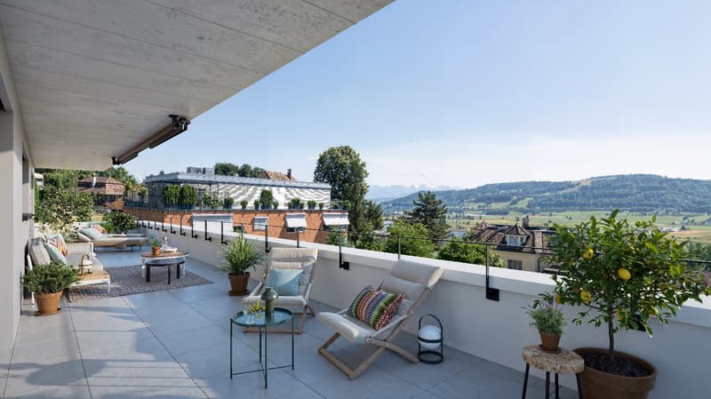 chairs, plants, tables, city view