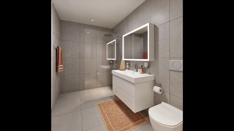 Modern bathroom with grey tiles, white countertop, mirror with built-in lighting, shower area, toilet, towel rack, and a mat on the floor.