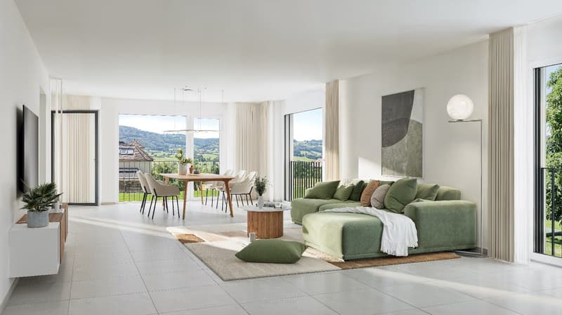 large sofa, dining table, balcony with railing, large windows, mountain view