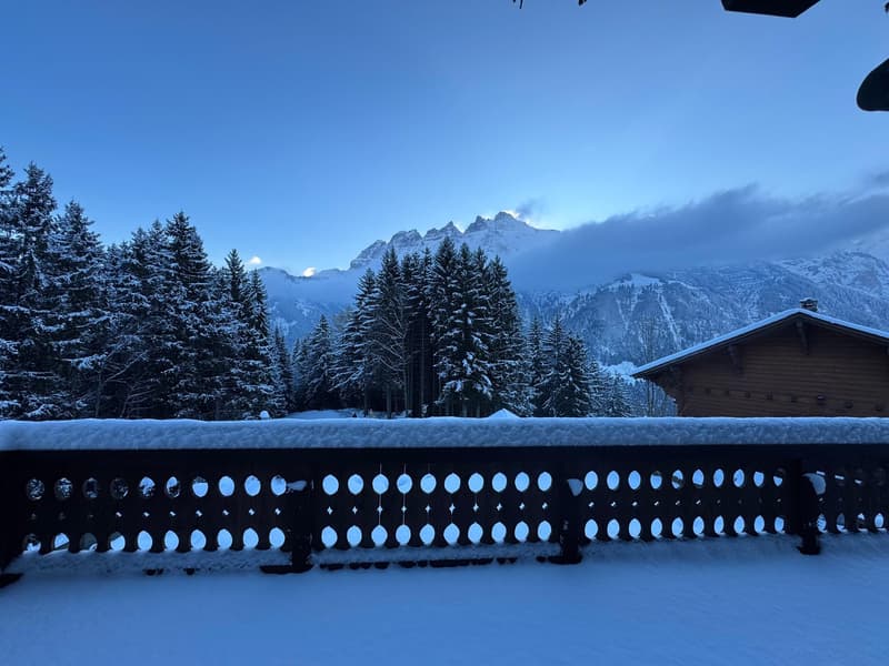 Snow covered balcony railing, snowy landscape, winter mountains, trees, wooden chalet