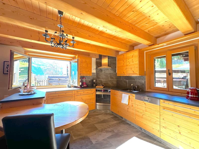 Open plan kitchen with wooden cabinets, granite countertops, stainless steel appliances, chandelier, sink, dishwasher, and large windows