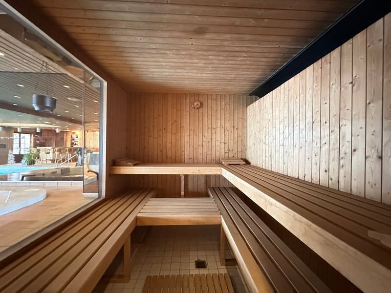 The image shows a wooden sauna room with benches and a wooden ceiling. The room has a cozy, rustic feel with the natural wood paneling. There is a large window that provides a view of what appears to be a pool or hot tub area.