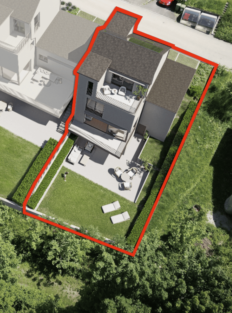 two story house, terrace, garden, outdoor seating, lawn, trees