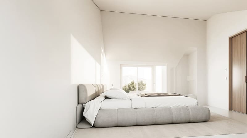 modern bedroom with white walls, large bed, white bedding, large window, wooden door