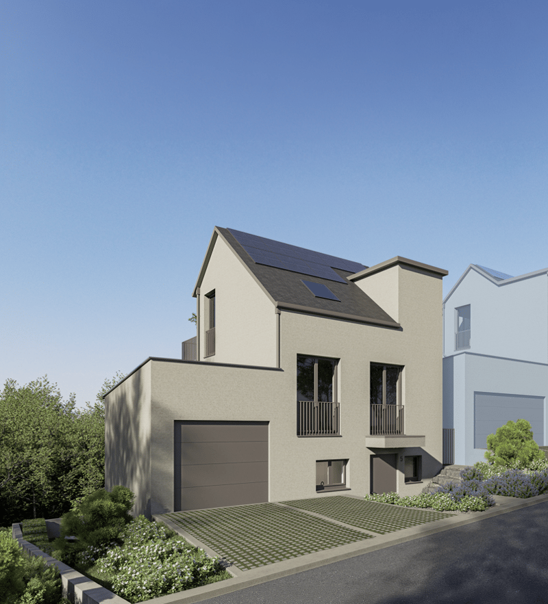 2 story house, solar panels, garage, balconies